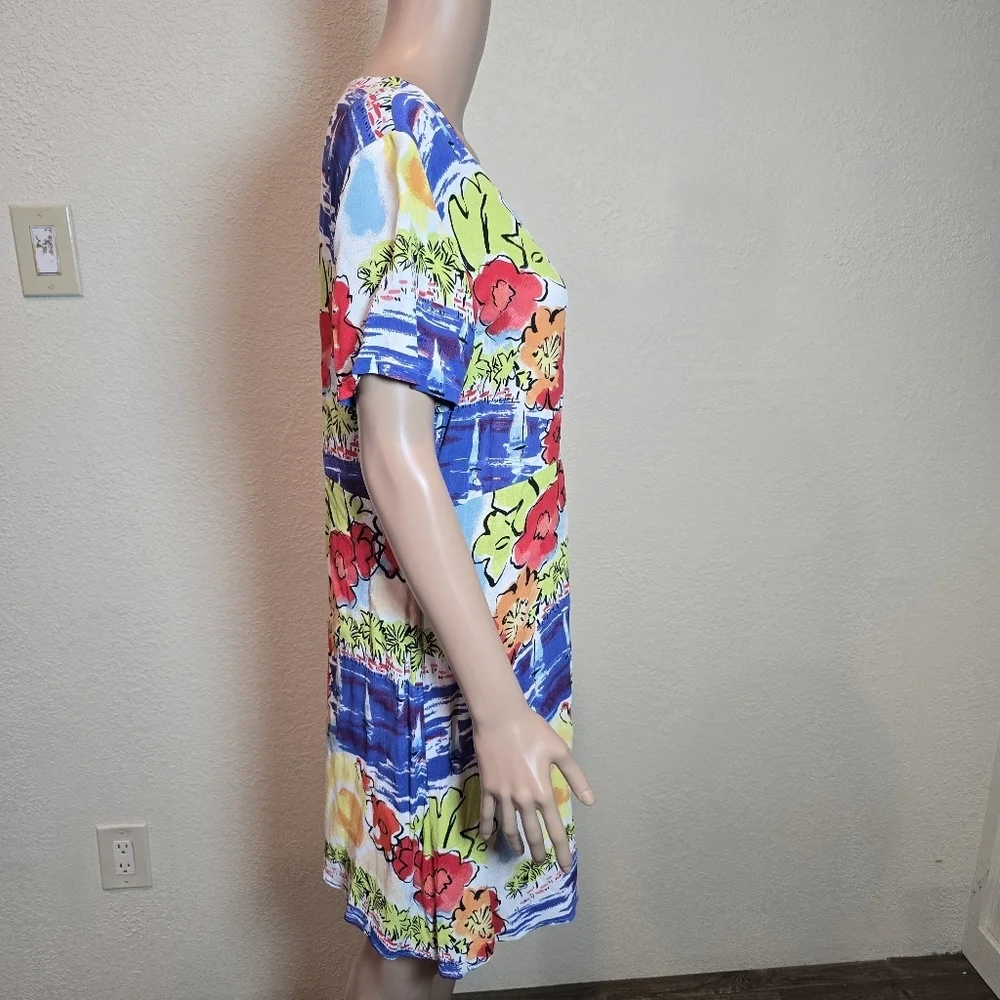 Loco Lindo Vintage Tropical Print Floral  Dress Size Large Short Sleeve Made Usa